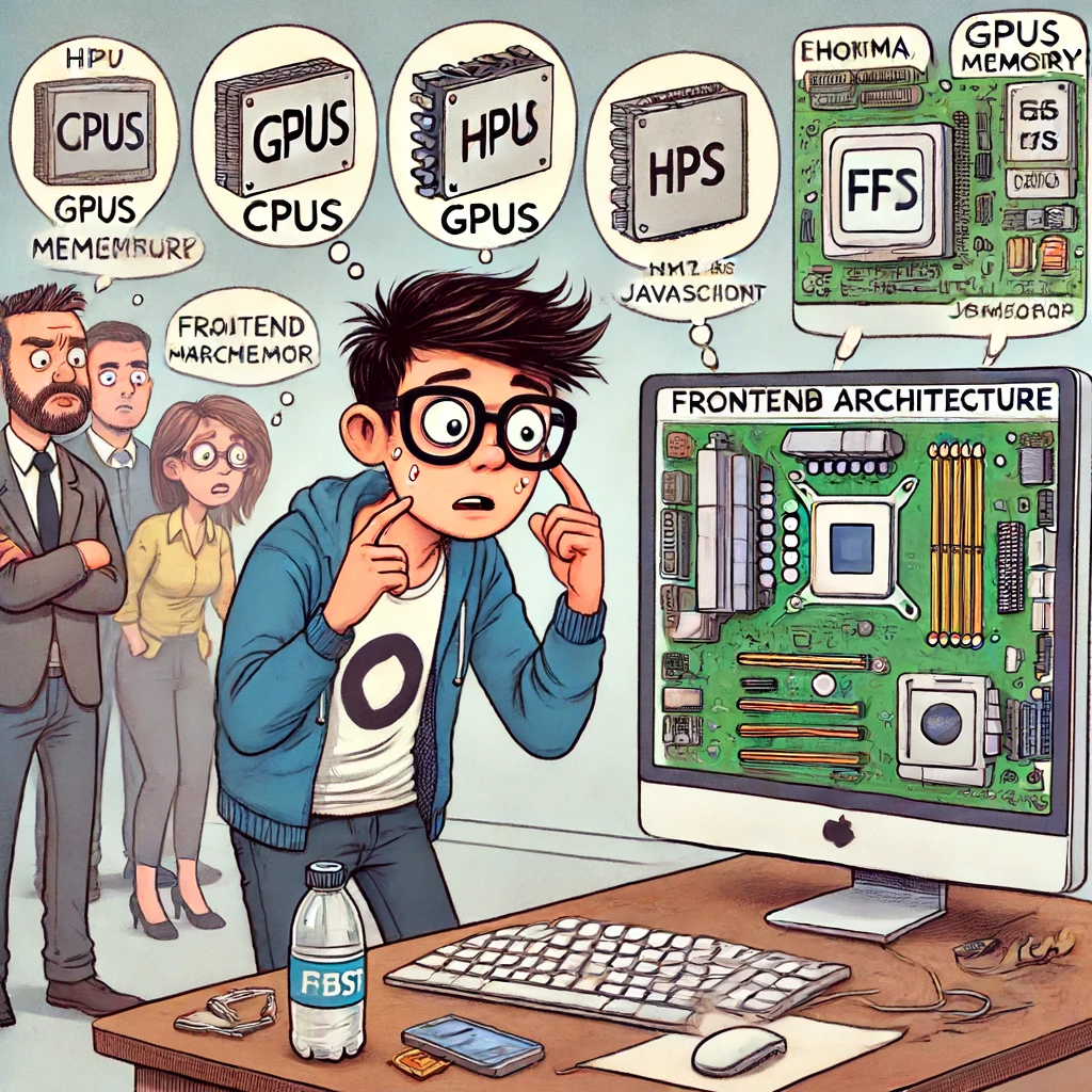 A satirical cartoon depicting a frontend developer, who is unfamiliar with computer architecture, thinking that everything in a computer is related to frontend development.